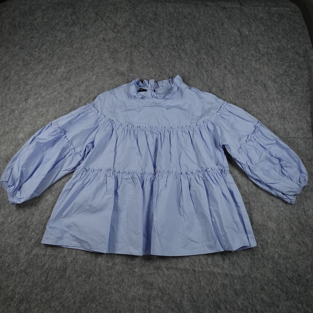 Cider‎ Top Womens Large NWT Blue Tiered Ruffle Mock Neck Long Sleeve Babydoll